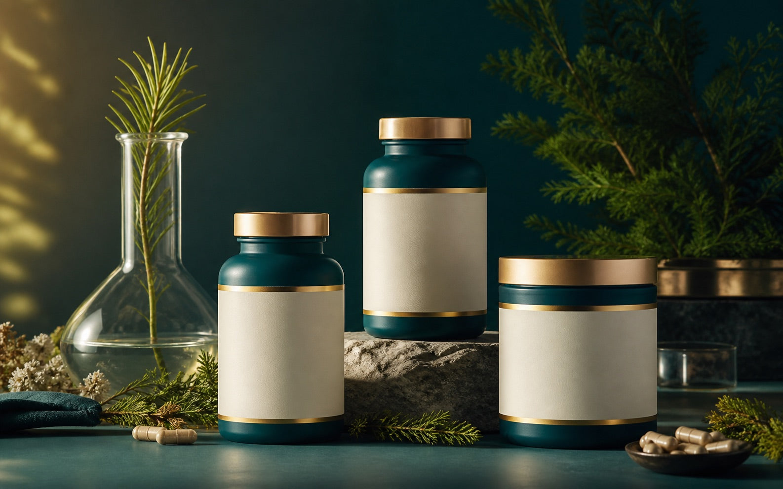 Boreal Vita supplement bottles with botanical apothecary ingredients